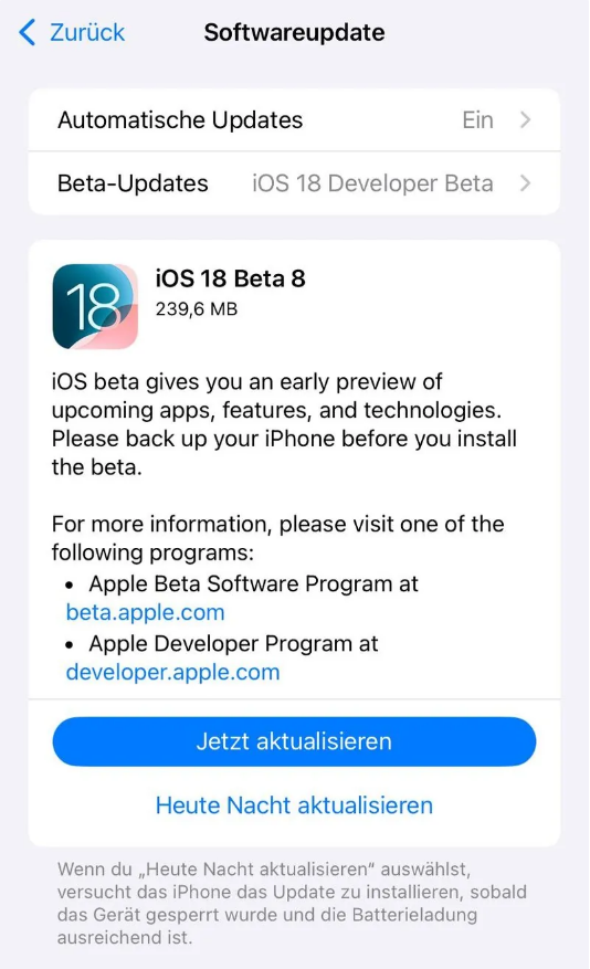 站前苹果手机维修分享苹果 iOS / iPadOS 18 开发者预览版 Beta 8 发布 